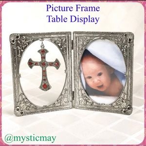 New Silver-Tone Metal Standing Photo PICTURE FRAME w PENDANT CROSS Table Display